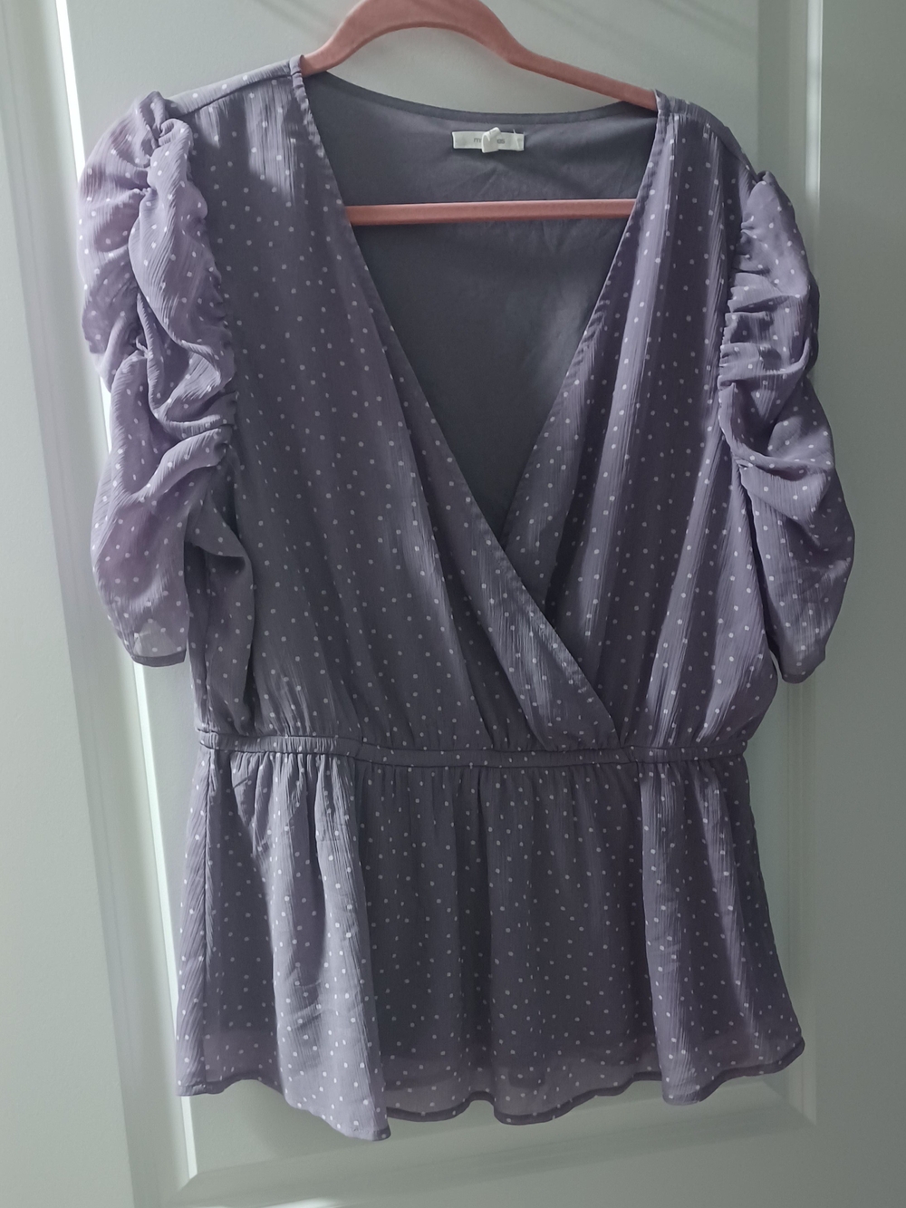 Maurices Lavender Polka Dot Wrap Peplum Blouse